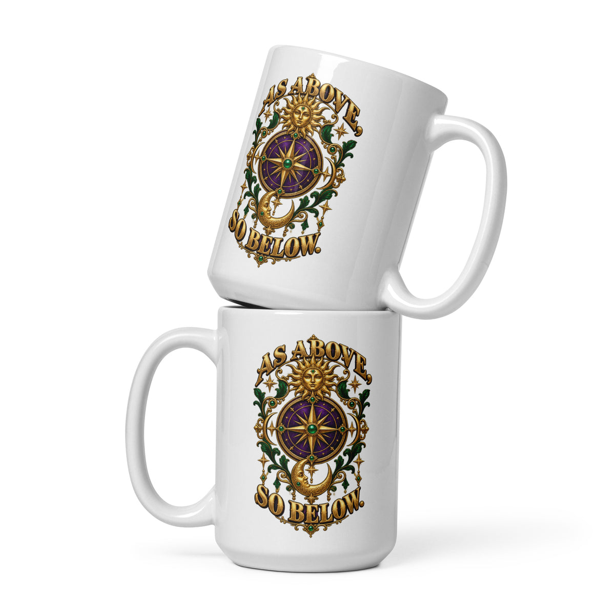 As Above, So Below astrology design, a gold sun face above a purple and gold compass rose with a crescent moon below, framed by emerald foliage, on a 15 oz white glossy mug, front view