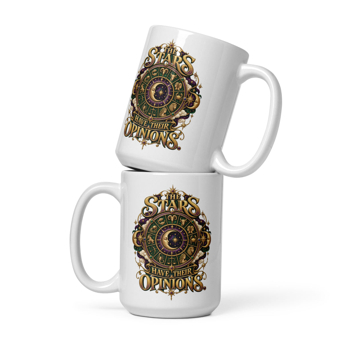 The Stars Have Their Opinions astrology design, a green and purple zodiac wheel of pictorial star signs with a crescent moon and sun face at its center, framed by clouds and gold lettering, on a 15 oz white glossy mug, front view