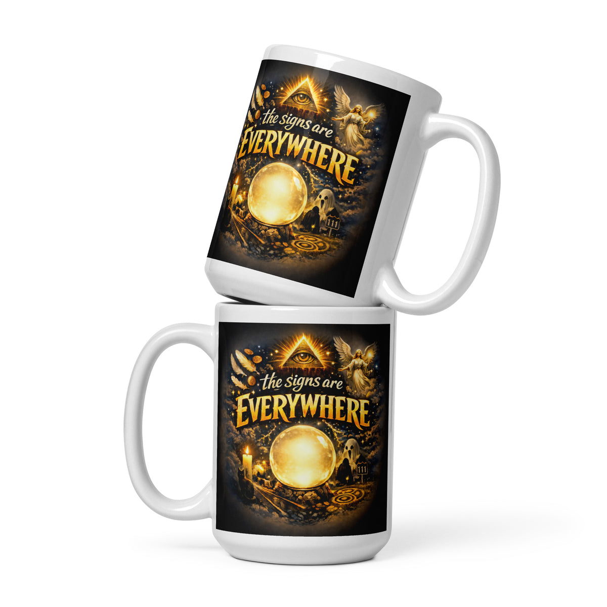The Signs Are Everywhere design, an all-seeing eye, an angel, a glowing crystal ball, a ghost and a 111 road sign, in gold on black, on a white glossy mug, 15 oz, front view