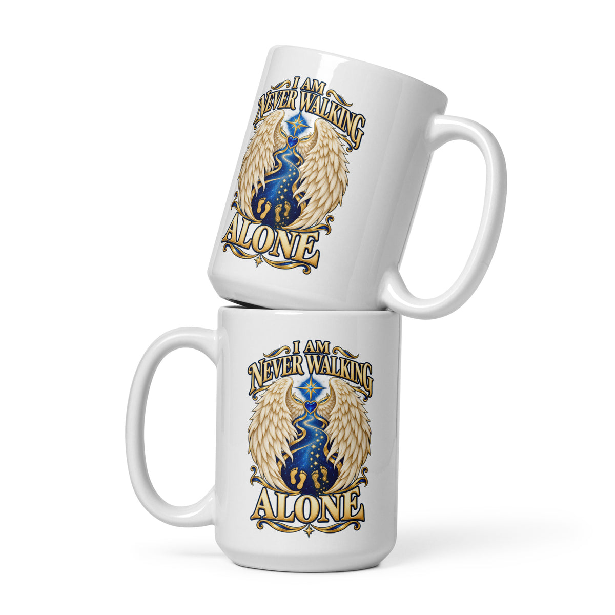 I Am Never Walking Alone design, cream angel wings framing a starry path with two sets of gold footprints and a blue gem heart, on a white glossy mug, 15 oz, front view