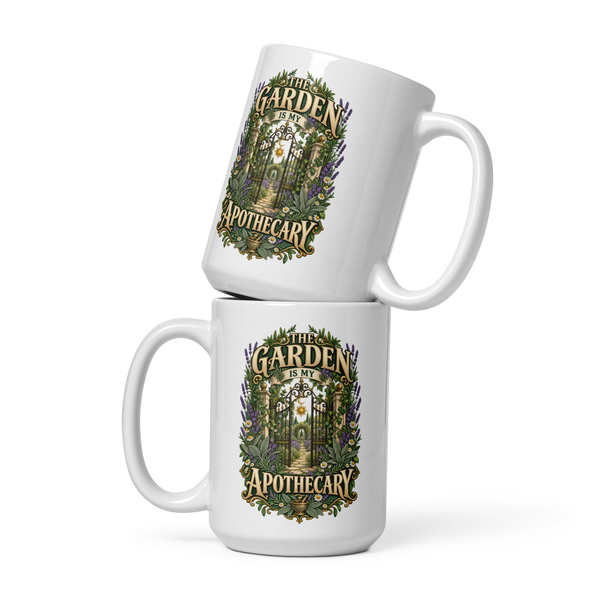 The Garden Is My Apothecary 15 oz white glossy mug, front view. Gold apothecary lettering with lavender, daisies and a mortar and pestle.