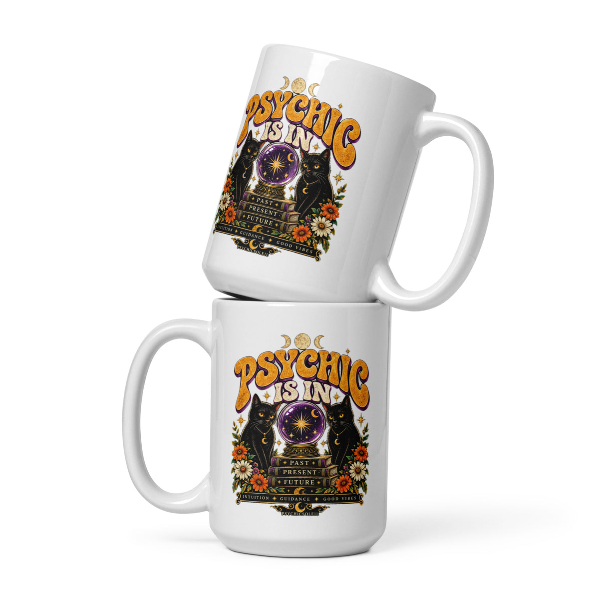 Retro Psychic Is In 15 oz white glossy mug, front view. Two black cats and a purple crystal ball in retro seventies lettering.