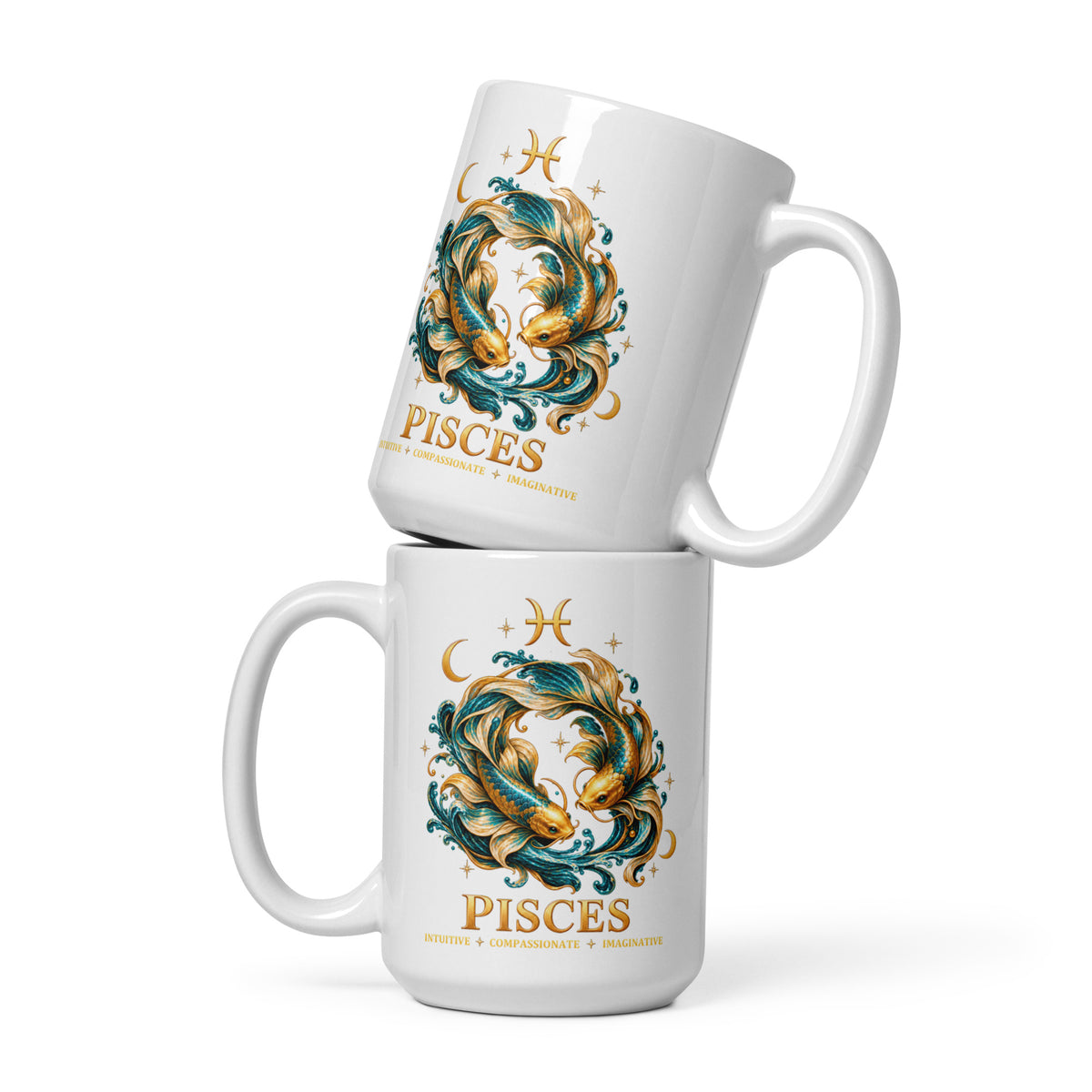 Pisces zodiac mug, 15 oz white glossy, front: two gold and teal koi in a night sky of gold stars with the Pisces glyph