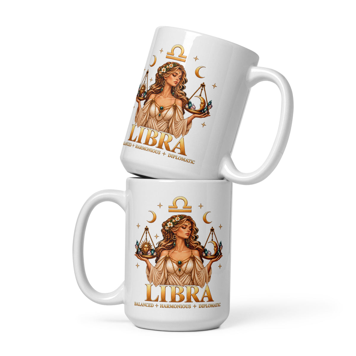 Libra zodiac mug, 15 oz white glossy, front: a woman holding golden scales in a night sky of gold stars with the Libra glyph
