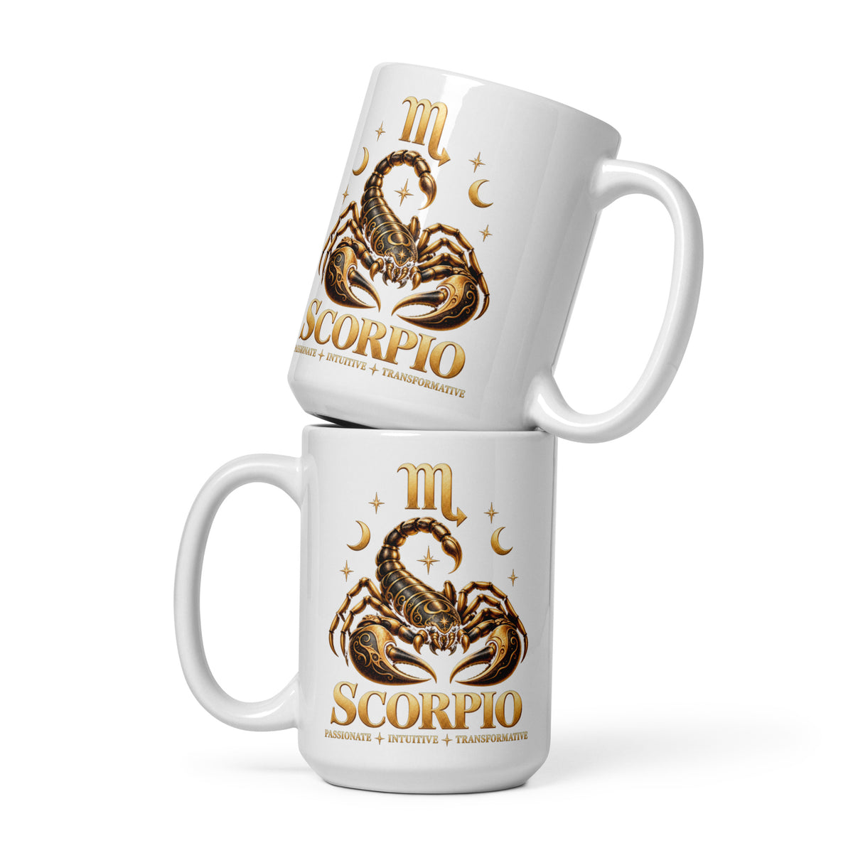 Scorpio zodiac mug, 15 oz white glossy, front: a golden scorpion in a night sky of gold stars with the Scorpio glyph
