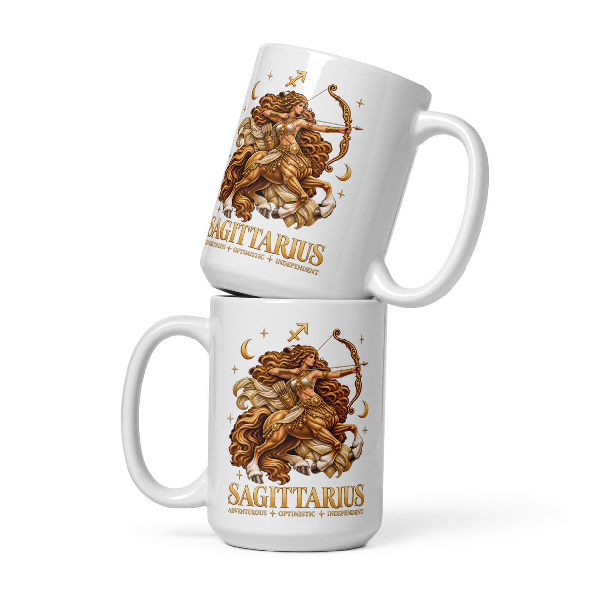Sagittarius zodiac mug, 15 oz white glossy, front: a golden centaur archer in a night sky of gold stars with the Sagittarius glyph