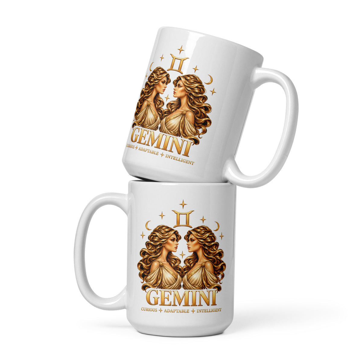 Gemini zodiac mug, 15 oz white glossy, front: golden twins face to face in a night sky of gold stars