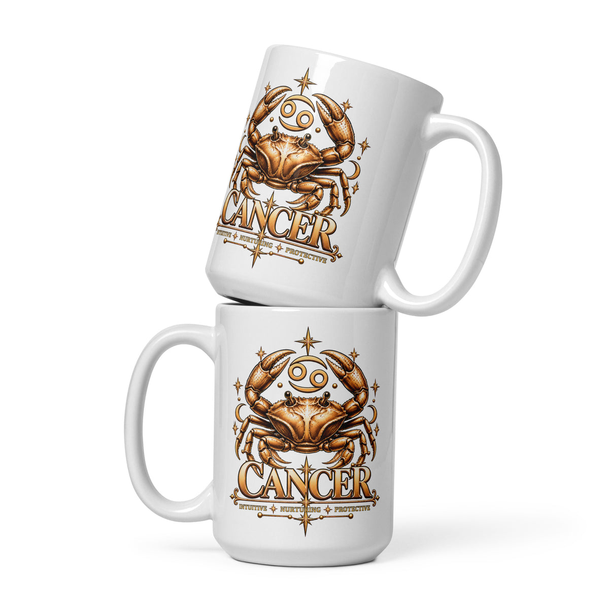 Cancer zodiac mug, 15 oz white glossy, front: a golden crab with claws raised in a night sky of gold stars