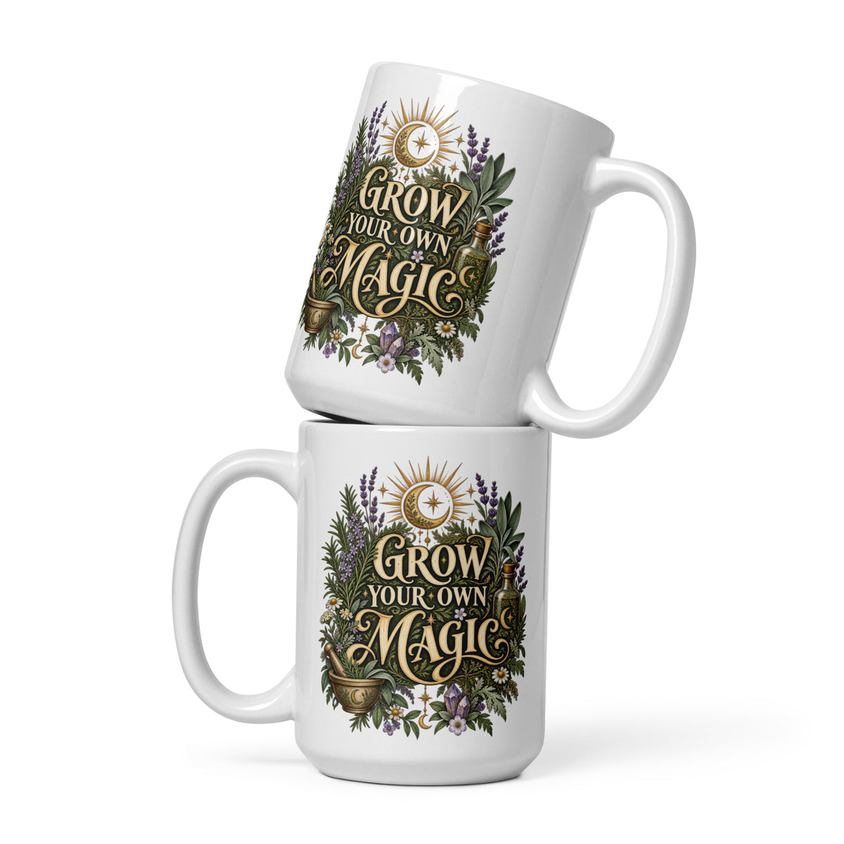 Grow Your Own Magic herbology design on a 15 oz white glossy mug, front view