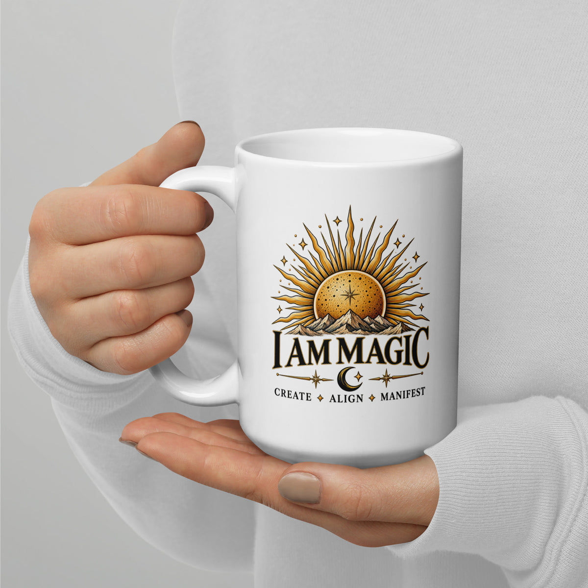I Am Magic design with a gold sun face, Be Magical collection, on a white glossy mug, 15 oz, handle on the left