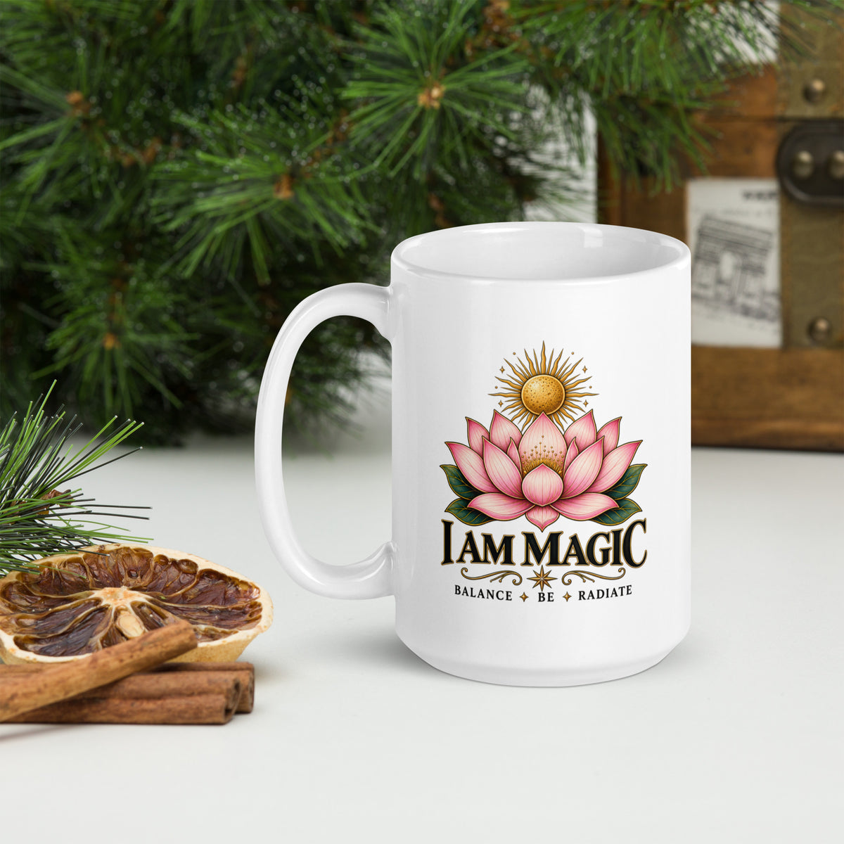 I Am Magic design with a gold lotus, Be Magical collection, on a white glossy mug, 15 oz, handle on the left