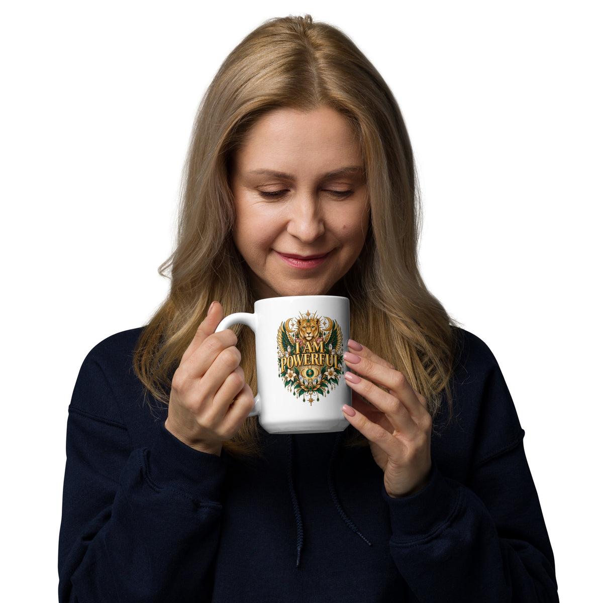 I Am Powerful affirmation design, a crowned winged lioness, on a white glossy mug, 15 oz, handle on the left