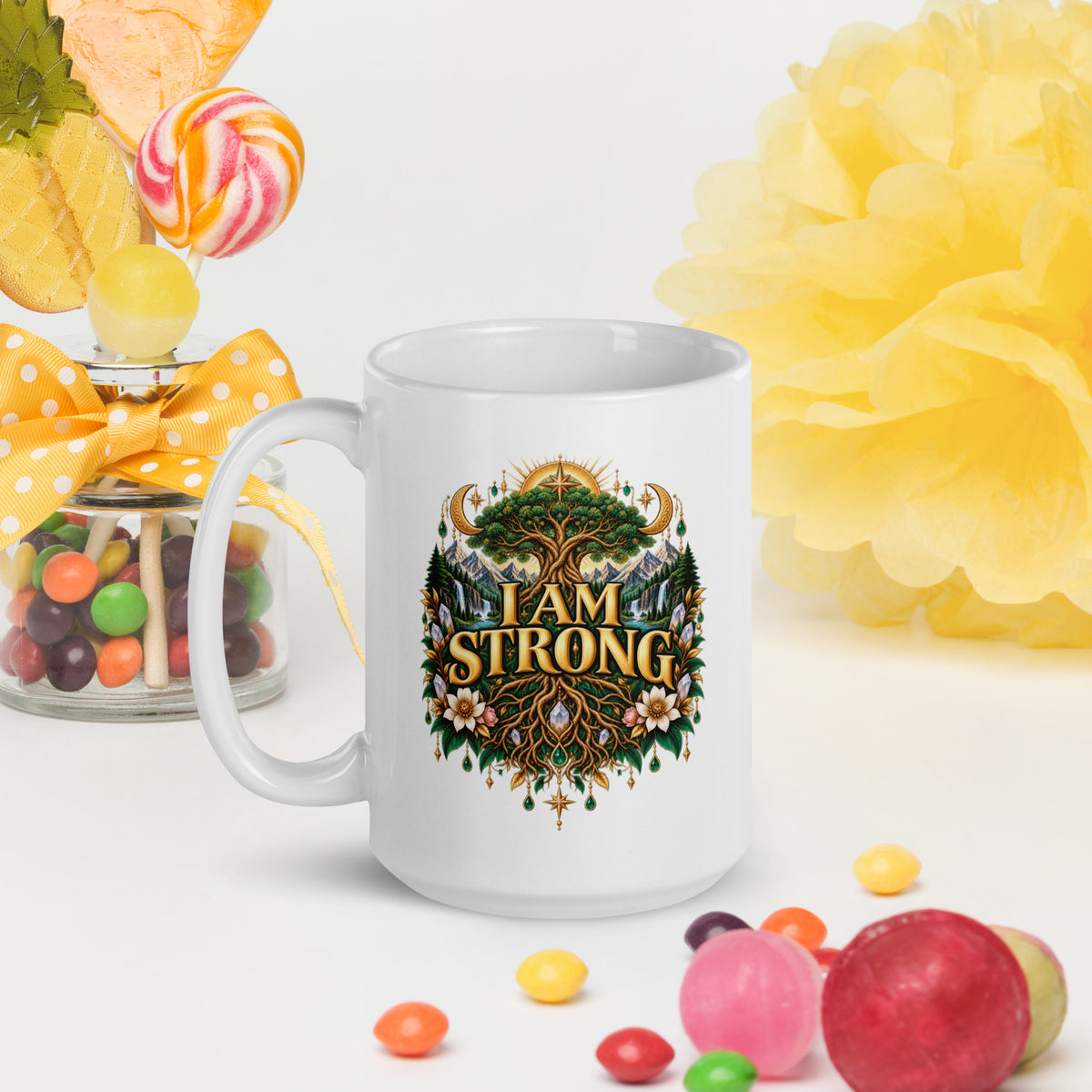 I Am Strong affirmation design, a tree with roots as wide as its canopy, on a white glossy mug, 15 oz, handle on the left