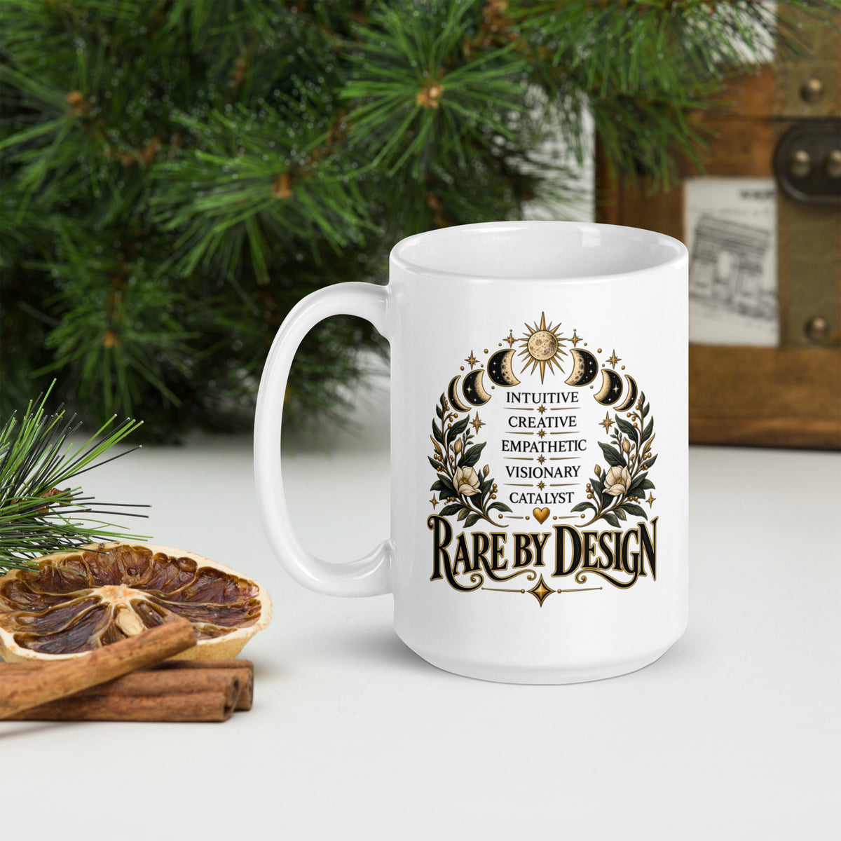 Rare By Design design with the words Intuitive, Creative, Empathic, Visionary, Catalyst, on a white glossy mug, 15 oz, handle on the left