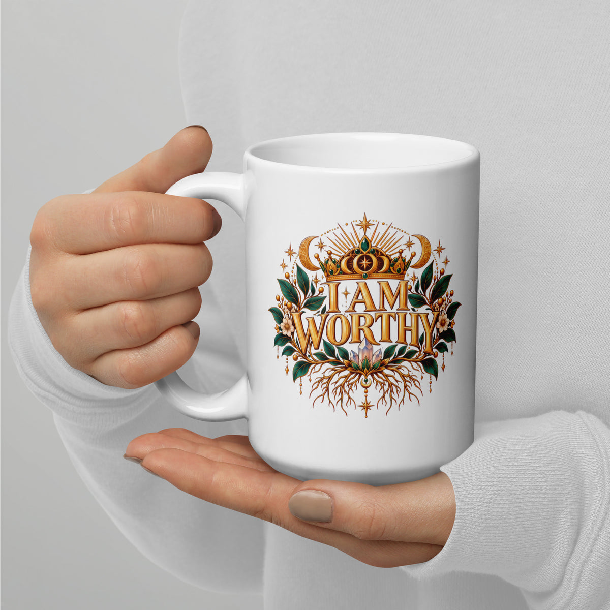 I Am Worthy affirmation design, a crown above the words and roots below, on a white glossy mug, 15 oz, handle on the left