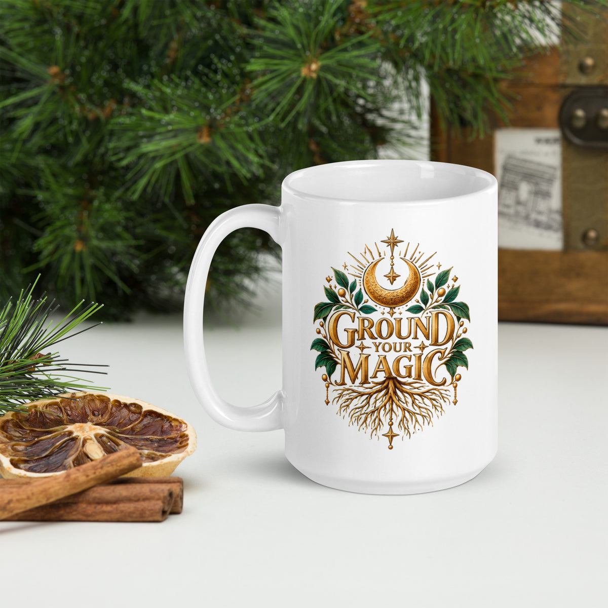Ground Your Magic design, roots growing from the lettering, on a white glossy mug, 15 oz, handle on the left