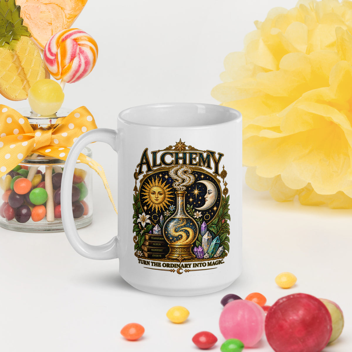 Alchemy, Turn the Ordinary Into Magic design, on a white glossy mug, 15 oz, handle on the left