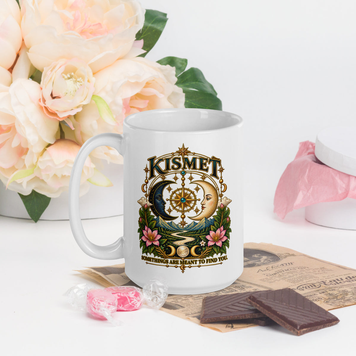 Kismet, Some Things Are Meant To Find You design, on a white glossy mug, 15 oz, handle on the left