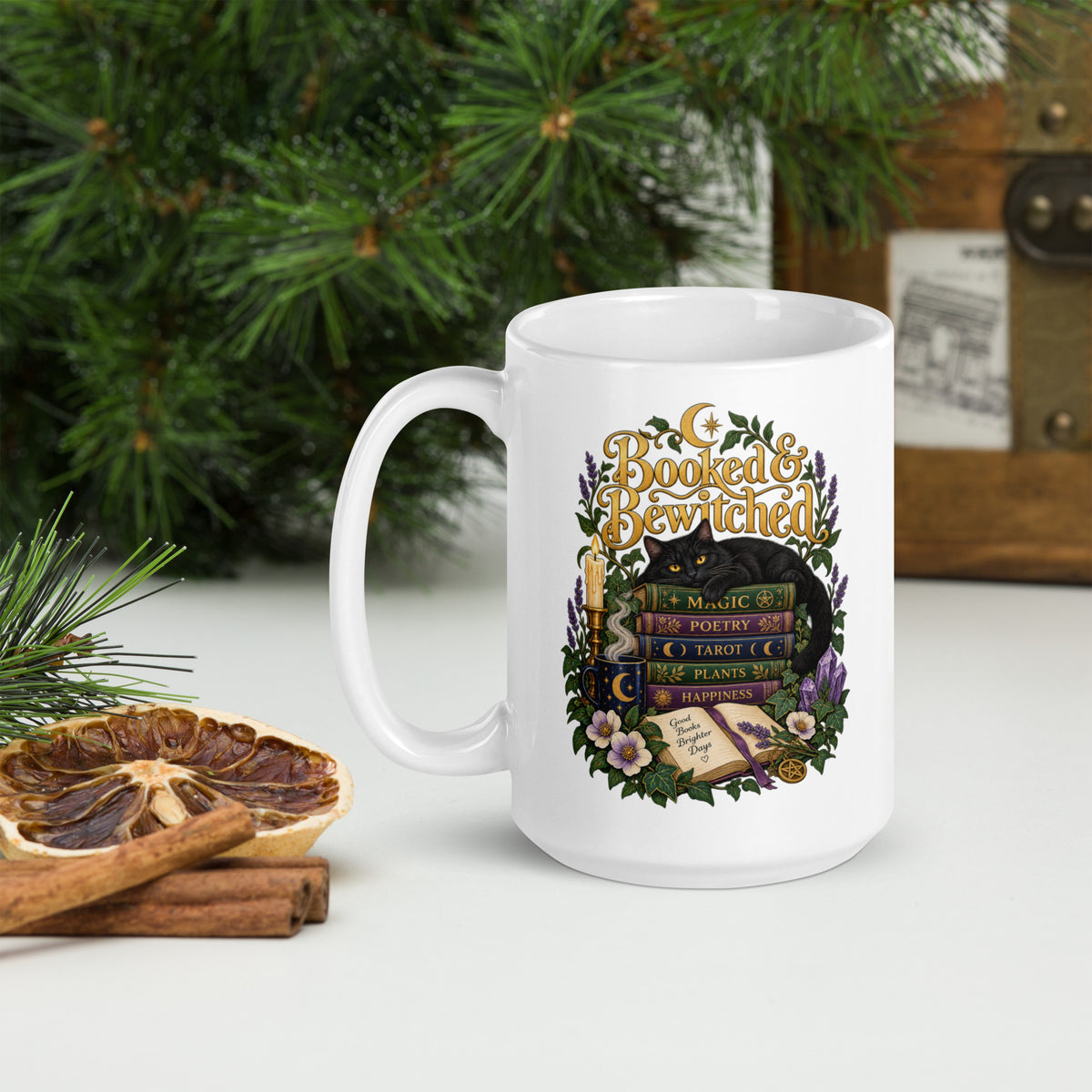 Booked and Bewitched dark academia design, a black cat asleep on a stack of spellbooks, on a white glossy mug, 15 oz, handle on the left