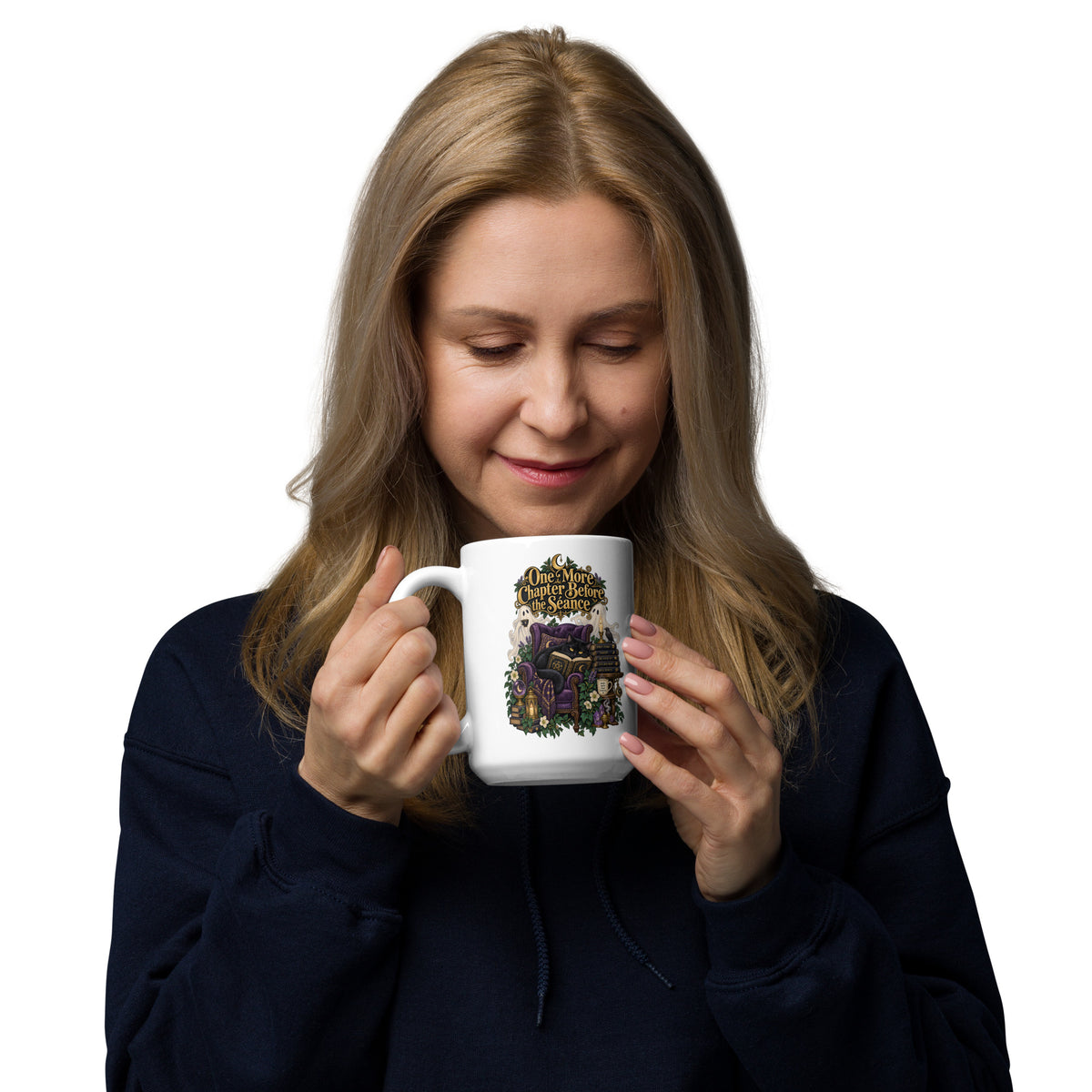 One More Chapter Before The Séance dark academia design, a black cat reading in a velvet armchair with two ghosts, on a white glossy mug, 15 oz, handle on the left
