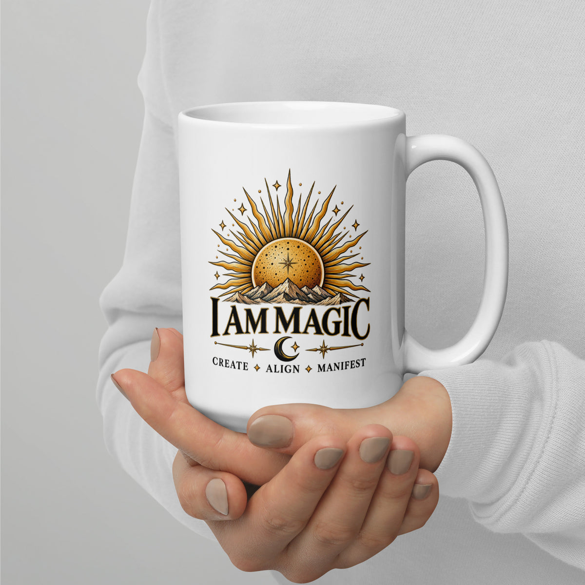 I Am Magic design with a gold sun face, Be Magical collection, on a white glossy mug, 15 oz, handle on the right