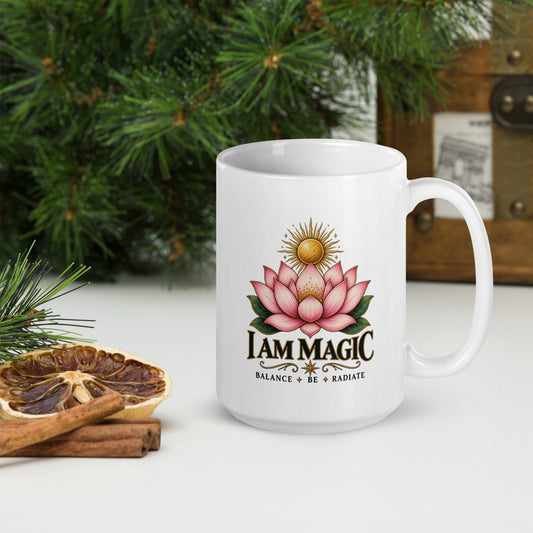 I Am Magic design with a gold lotus, Be Magical collection, on a white glossy mug, 15 oz, handle on the right