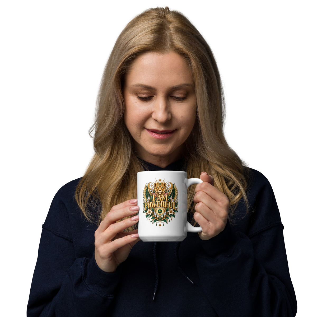 I Am Powerful affirmation design, a crowned winged lioness, on a white glossy mug, 15 oz, handle on the right