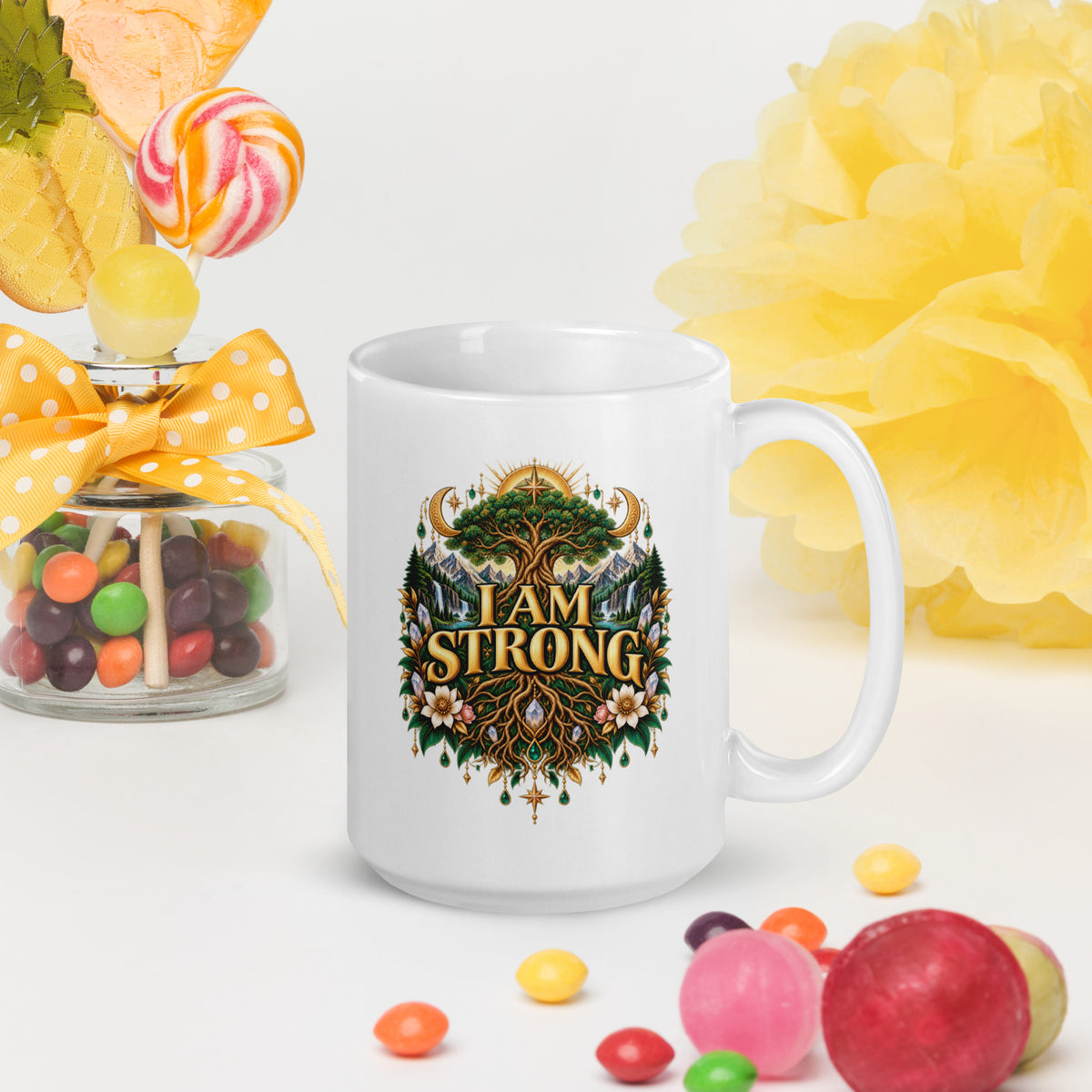 I Am Strong affirmation design, a tree with roots as wide as its canopy, on a white glossy mug, 15 oz, handle on the right