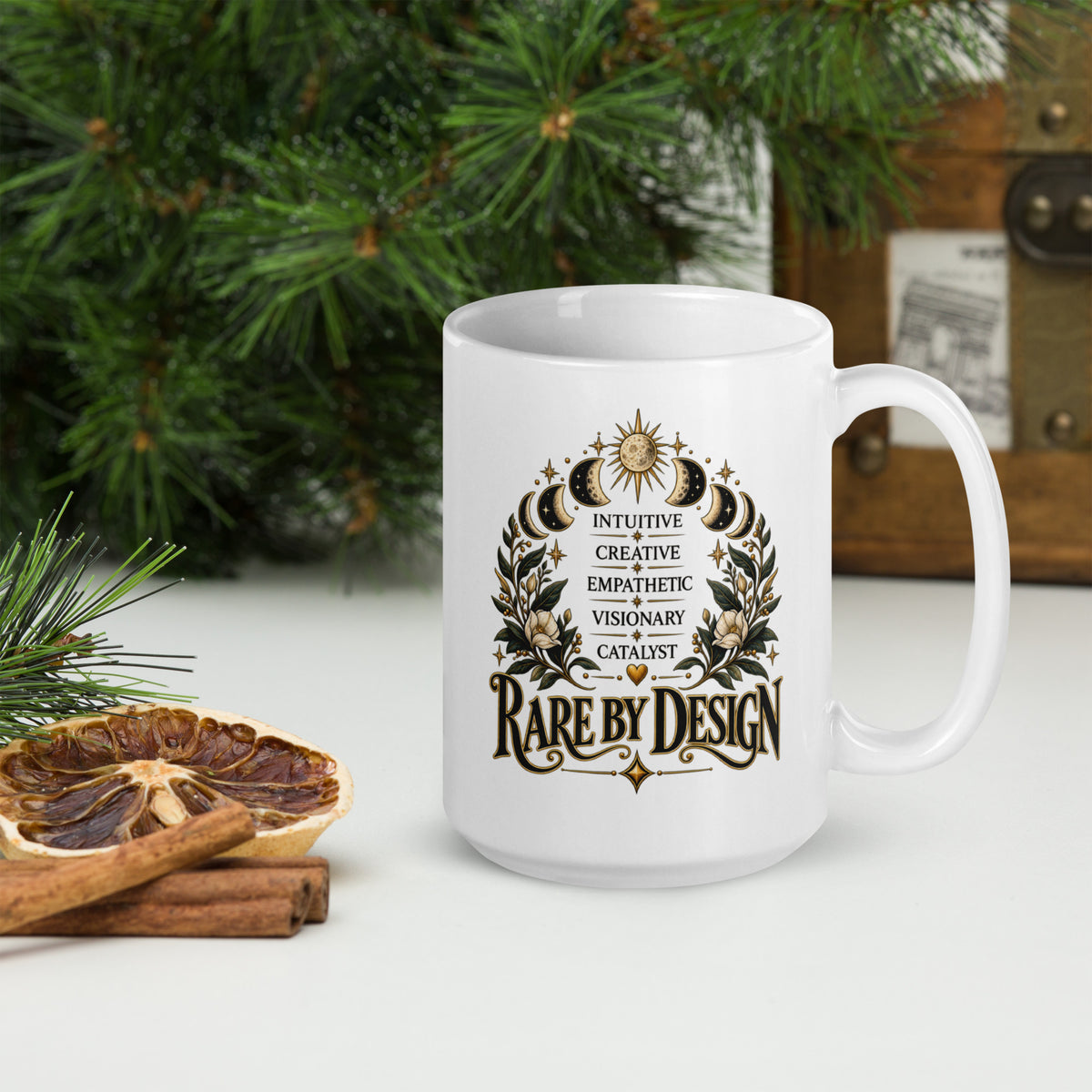 Rare By Design design with the words Intuitive, Creative, Empathic, Visionary, Catalyst, on a white glossy mug, 15 oz, handle on the right
