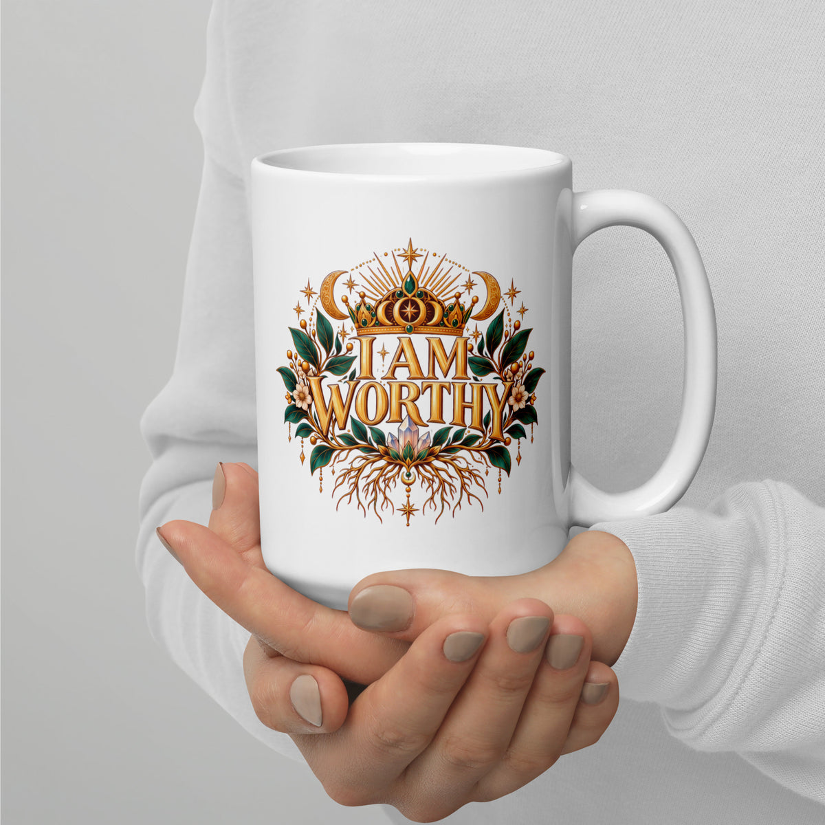 I Am Worthy affirmation design, a crown above the words and roots below, on a white glossy mug, 15 oz, handle on the right