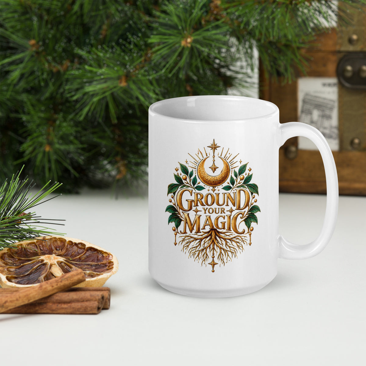 Ground Your Magic design, roots growing from the lettering, on a white glossy mug, 15 oz, handle on the right