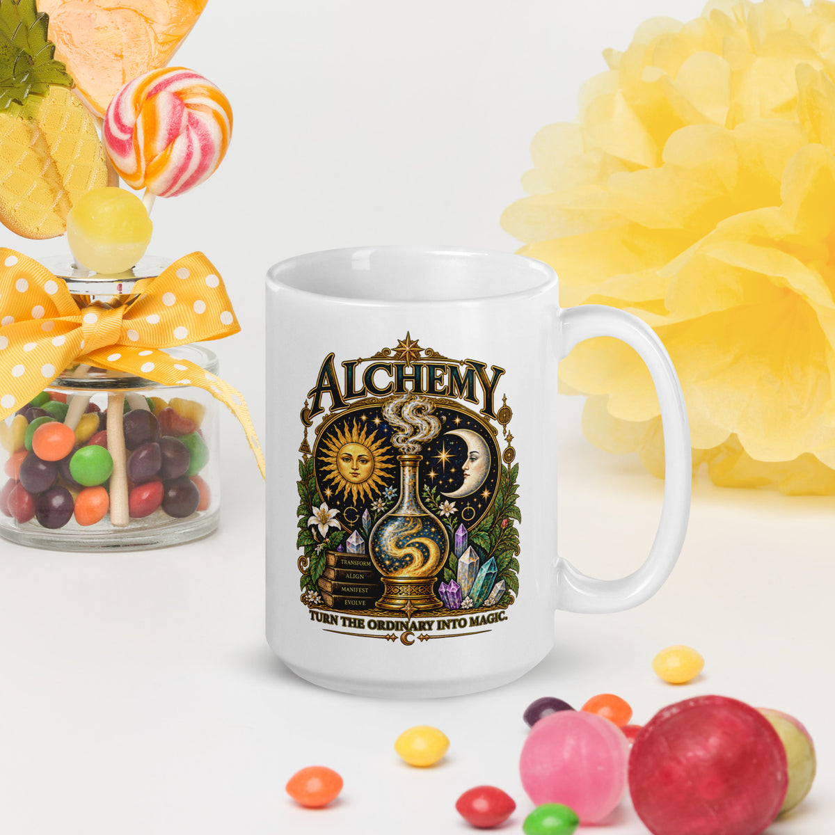 Alchemy, Turn the Ordinary Into Magic design, on a white glossy mug, 15 oz, handle on the right