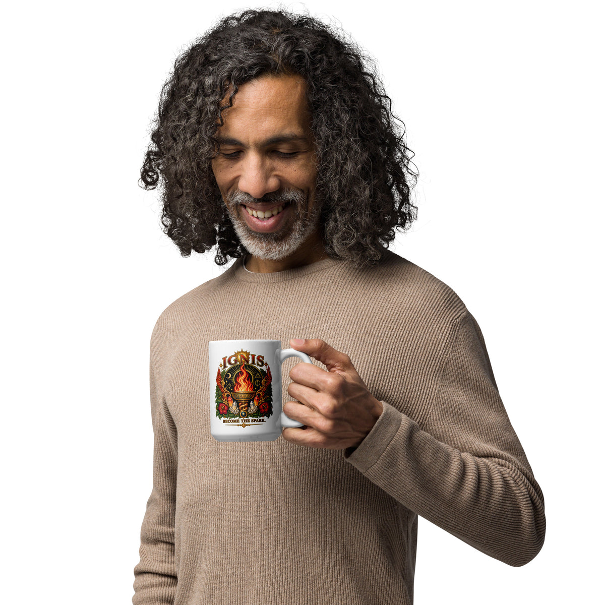 Ignis, Become the Spark design, on a white glossy mug, 15 oz, handle on the right