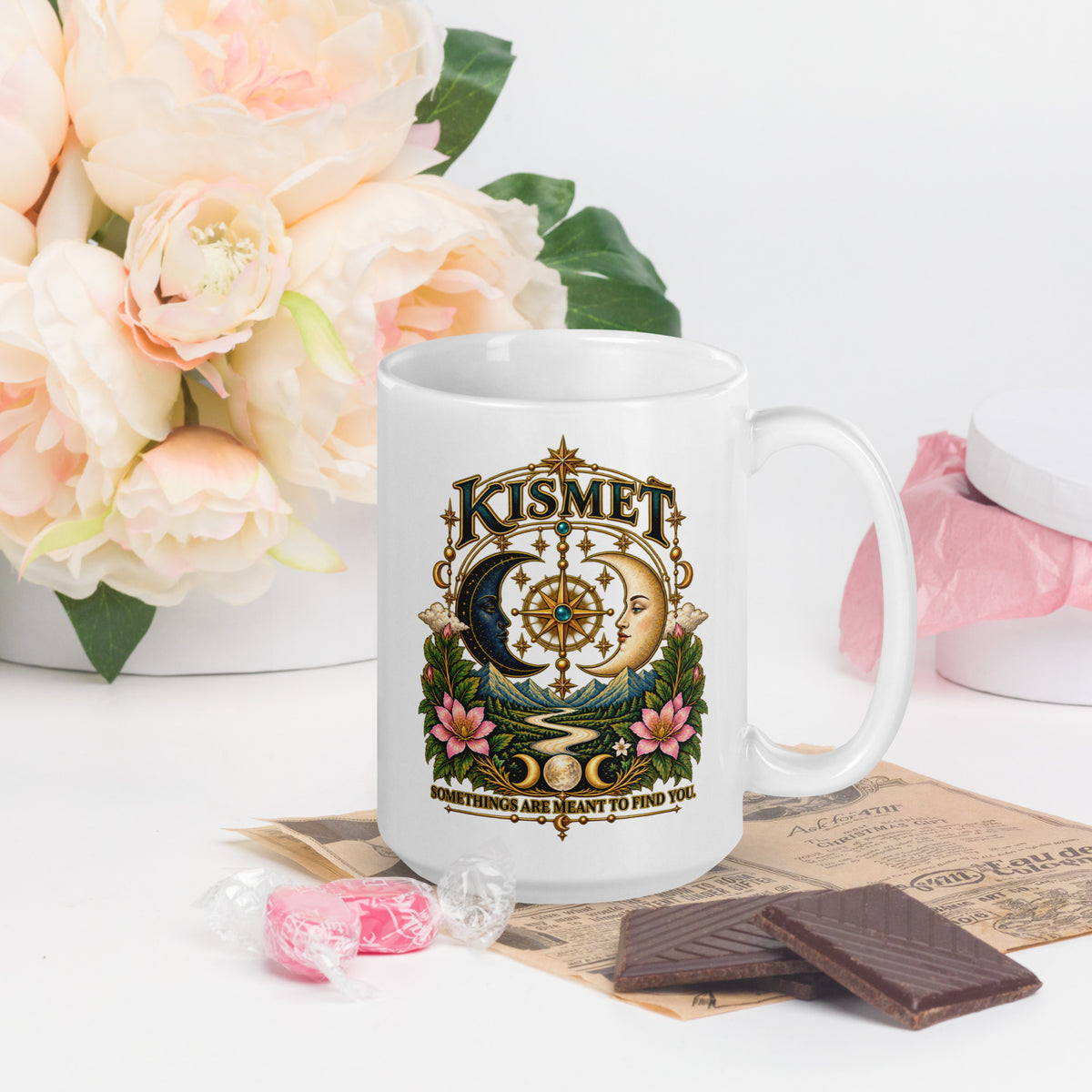 Kismet, Some Things Are Meant To Find You design, on a white glossy mug, 15 oz, handle on the right