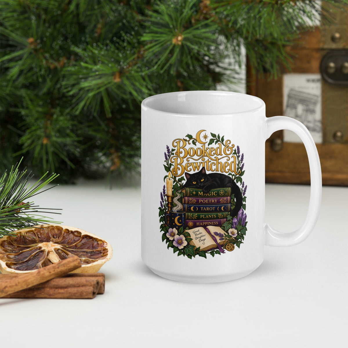 Booked and Bewitched dark academia design, a black cat asleep on a stack of spellbooks, on a white glossy mug, 15 oz, handle on the right