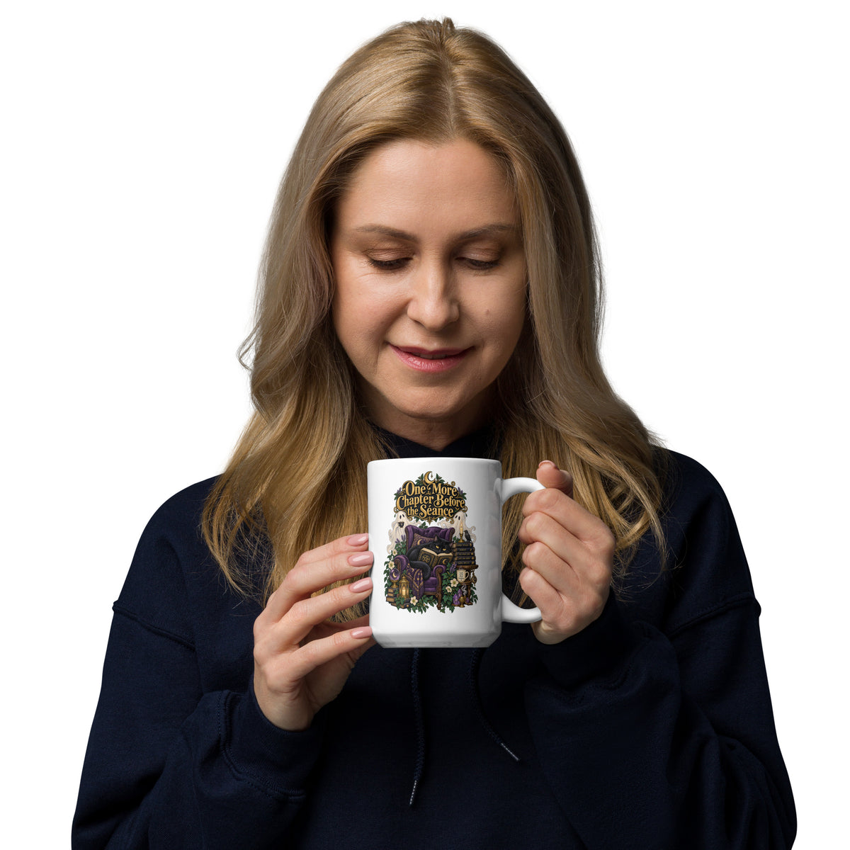 One More Chapter Before The Séance dark academia design, a black cat reading in a velvet armchair with two ghosts, on a white glossy mug, 15 oz, handle on the right