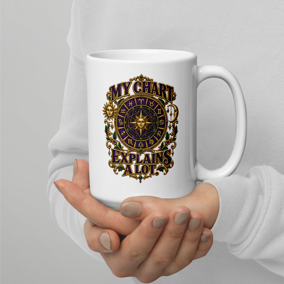 My Chart Explains A Lot astrology design, a purple and gold zodiac wheel with a gold sun face at its center, flanked by a sun and a crescent moon, on a 15 oz white glossy mug, handle on the right