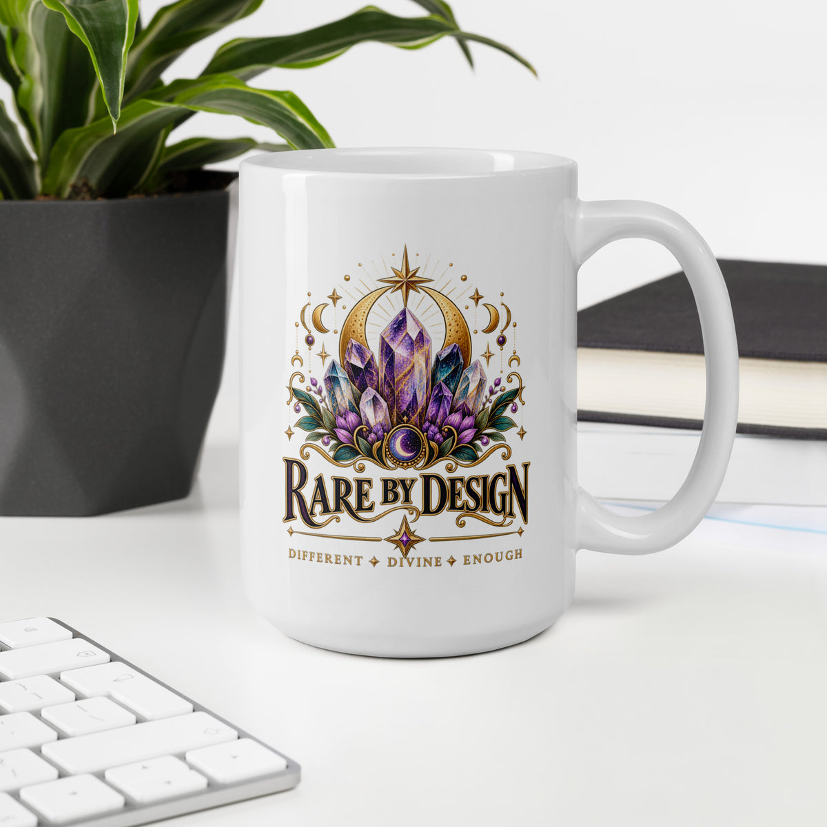 Rare by Design Crystals design, an amethyst cluster, on a white glossy mug, 15 oz, on an office desk