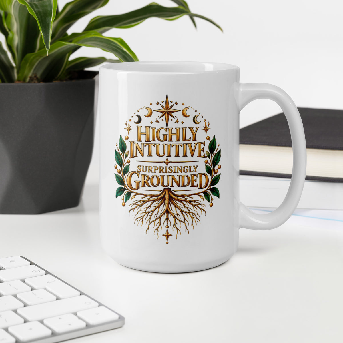 Highly Intuitive, Surprisingly Grounded design, moon phases above and roots below, on a white glossy mug, 15 oz, on an office desk
