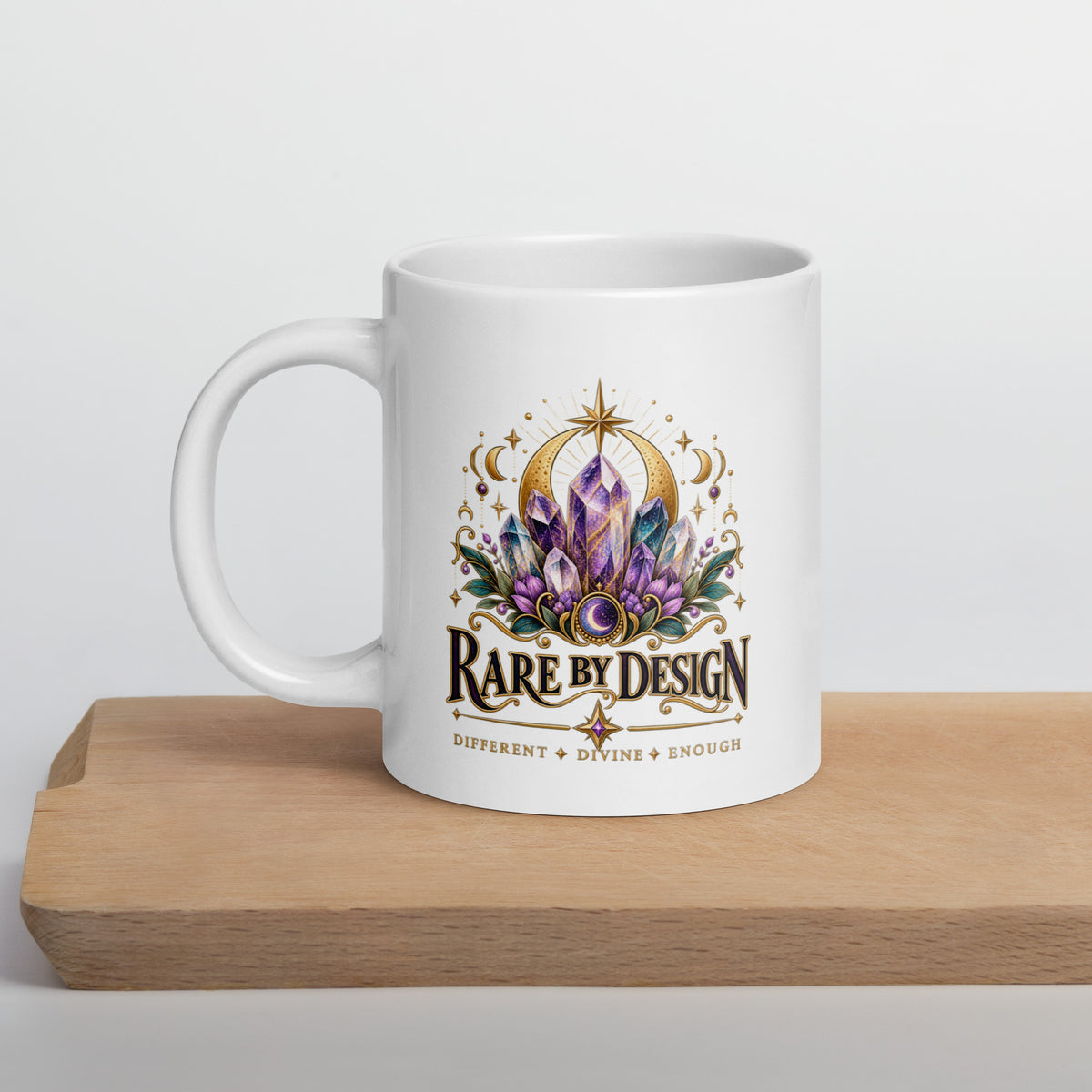 Rare by Design Crystals design, an amethyst cluster, on a white glossy mug, 20 oz, set on a wooden cutting board