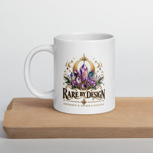 Rare by Design Crystals design, an amethyst cluster, on a white glossy mug, 20 oz, set on a wooden cutting board