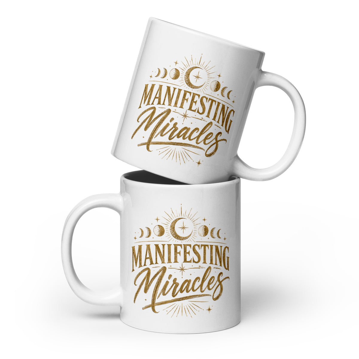 Manifesting Miracles design with moon phases in antique gold, on a white glossy mug, 20 oz, front view