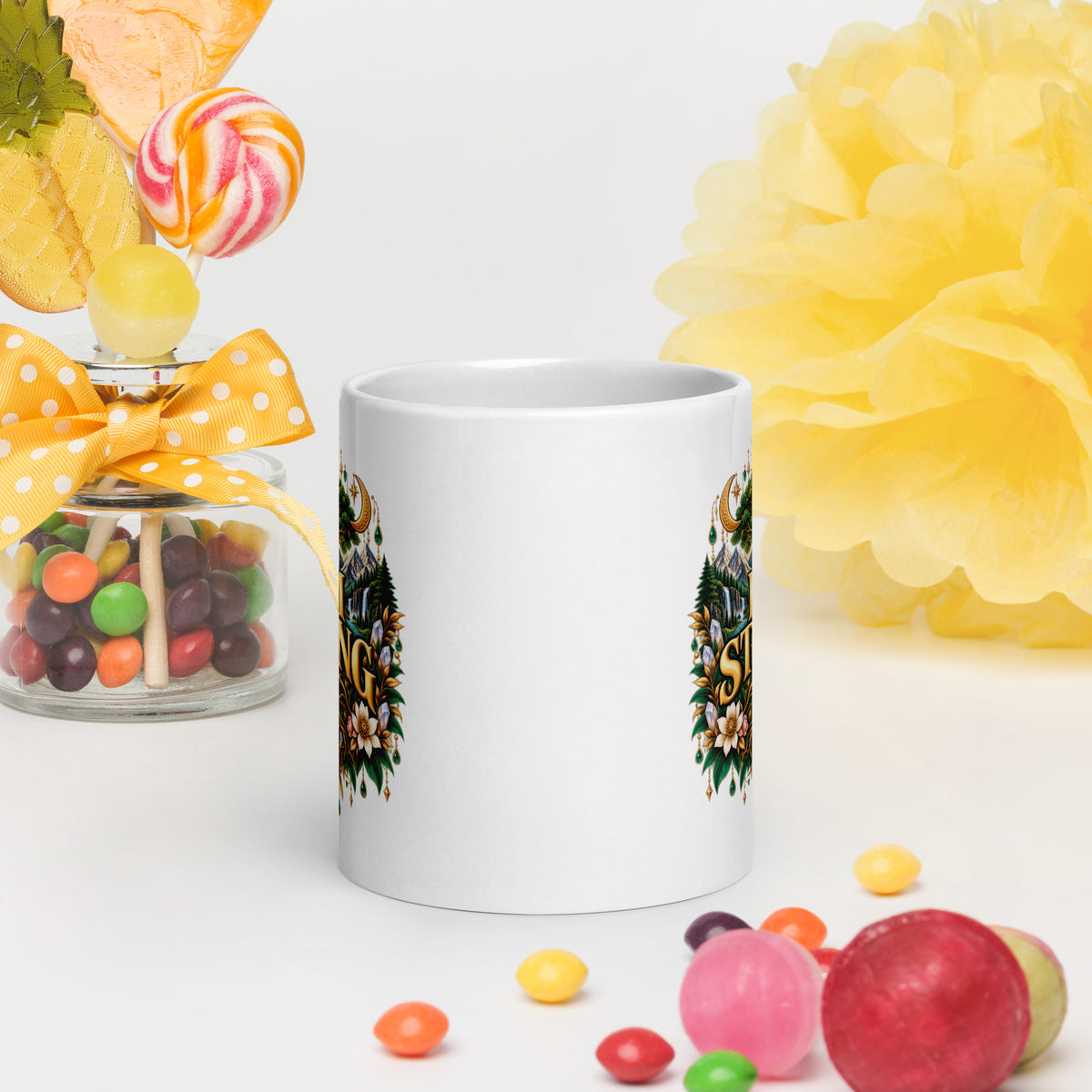 I Am Strong affirmation design, a tree with roots as wide as its canopy, on a white glossy mug, 20 oz, front view