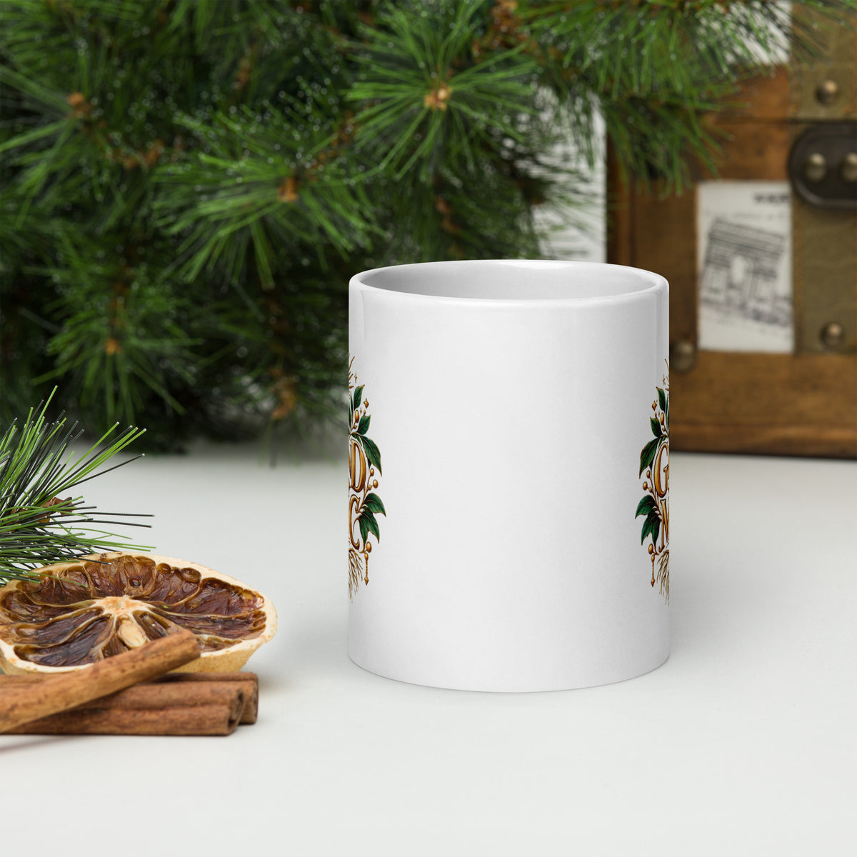 Ground Your Magic design, roots growing from the lettering, on a white glossy mug, 20 oz, front view