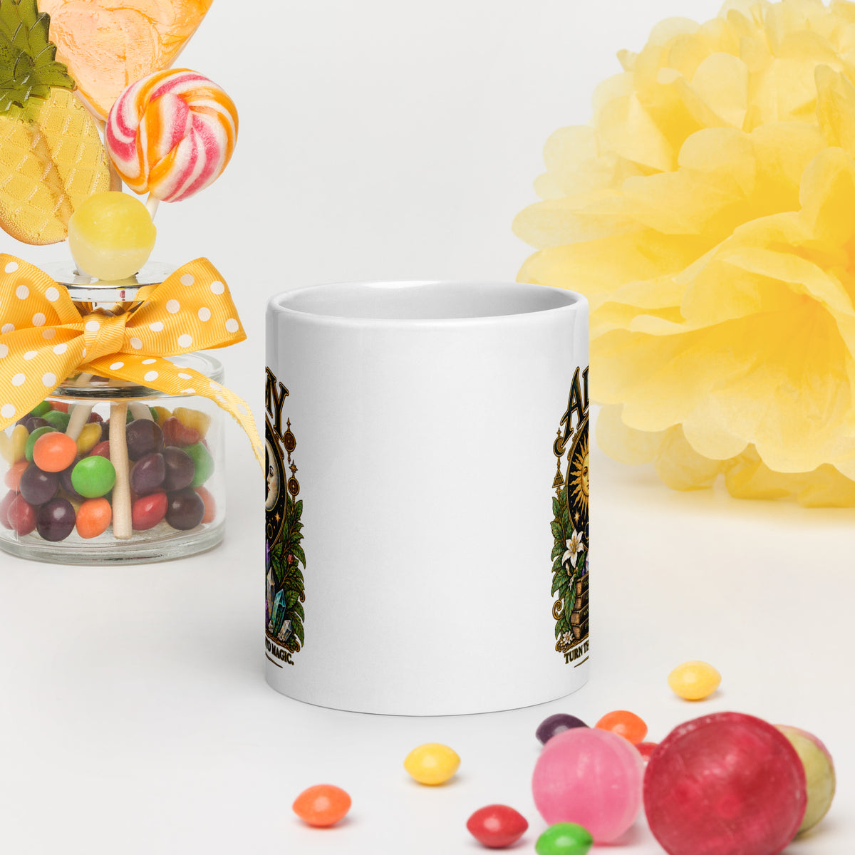 Alchemy, Turn the Ordinary Into Magic design, on a white glossy mug, 20 oz, front view
