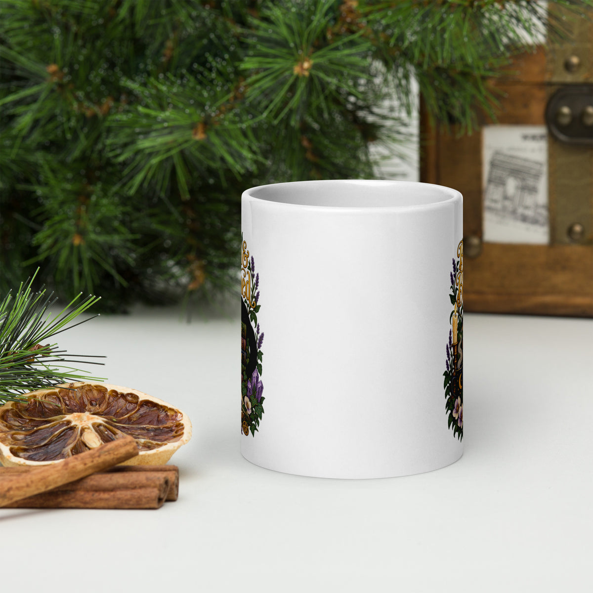 Booked and Bewitched dark academia design, a black cat asleep on a stack of spellbooks, on a white glossy mug, 20 oz, front view