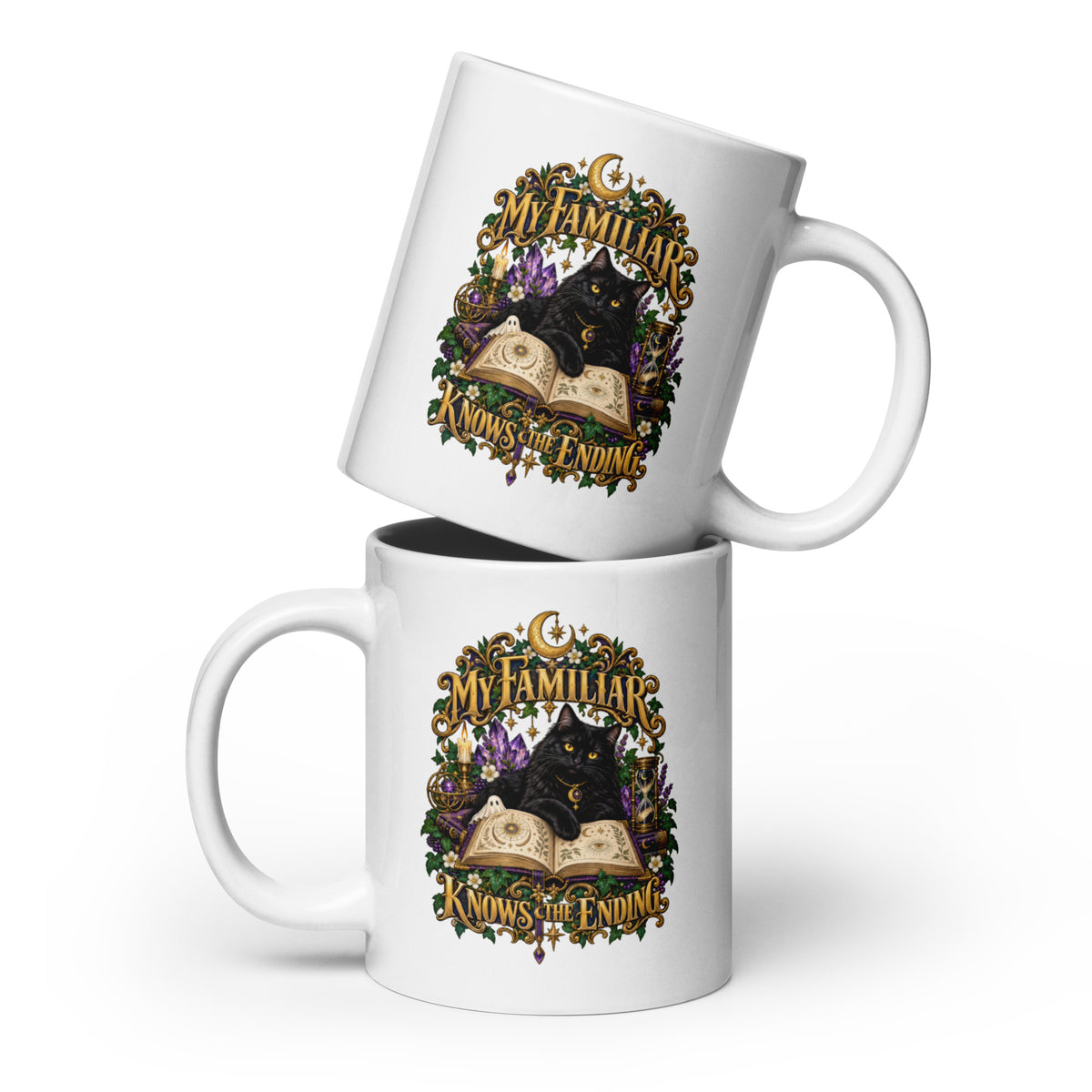 Black cat familiar on a grimoire, witchy celestial design on a white glossy 20 oz mug
