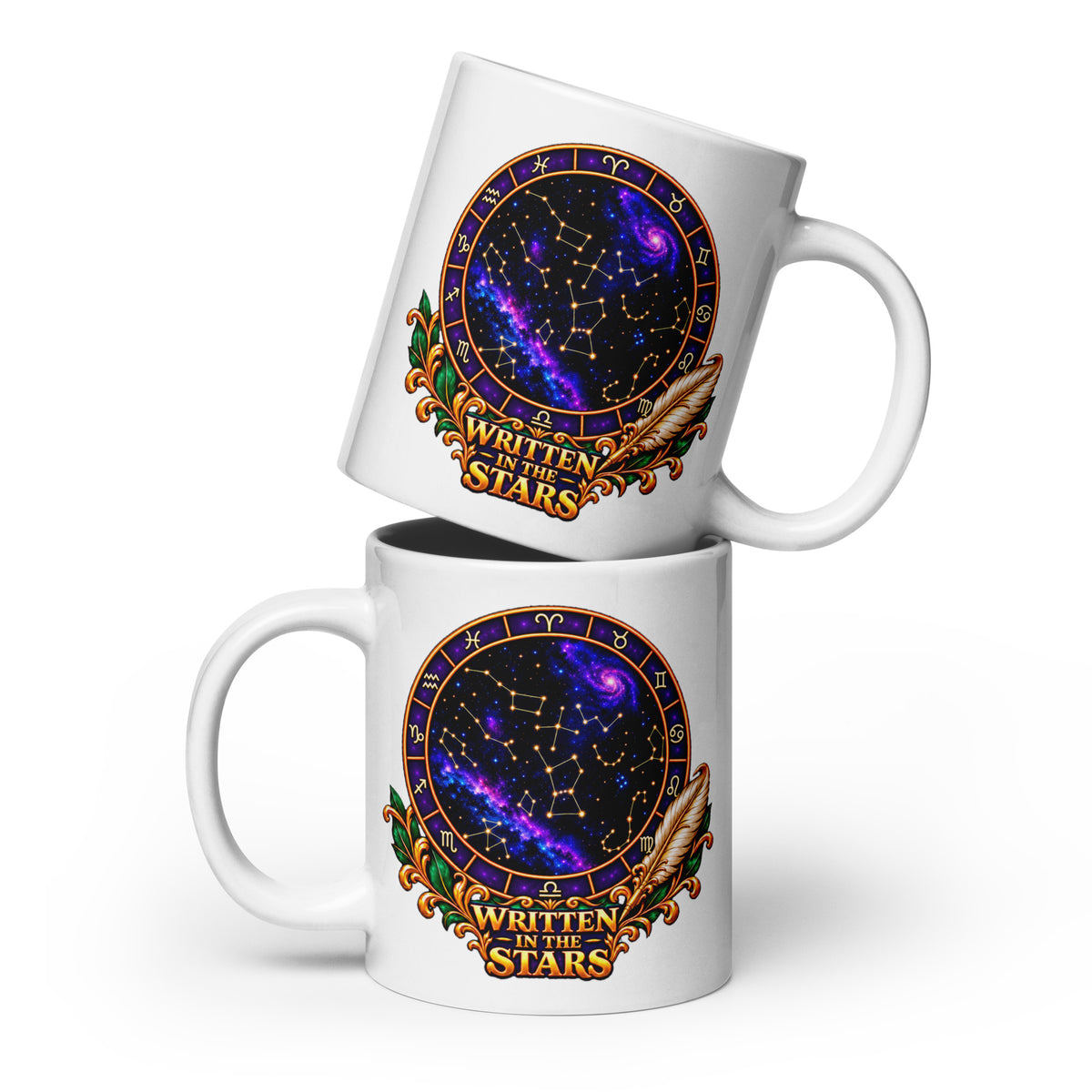 Written In The Stars astrology design, a zodiac wheel of constellations and a galaxy framed by gold scrollwork and a feather quill, on a 20 oz white glossy mug, front view