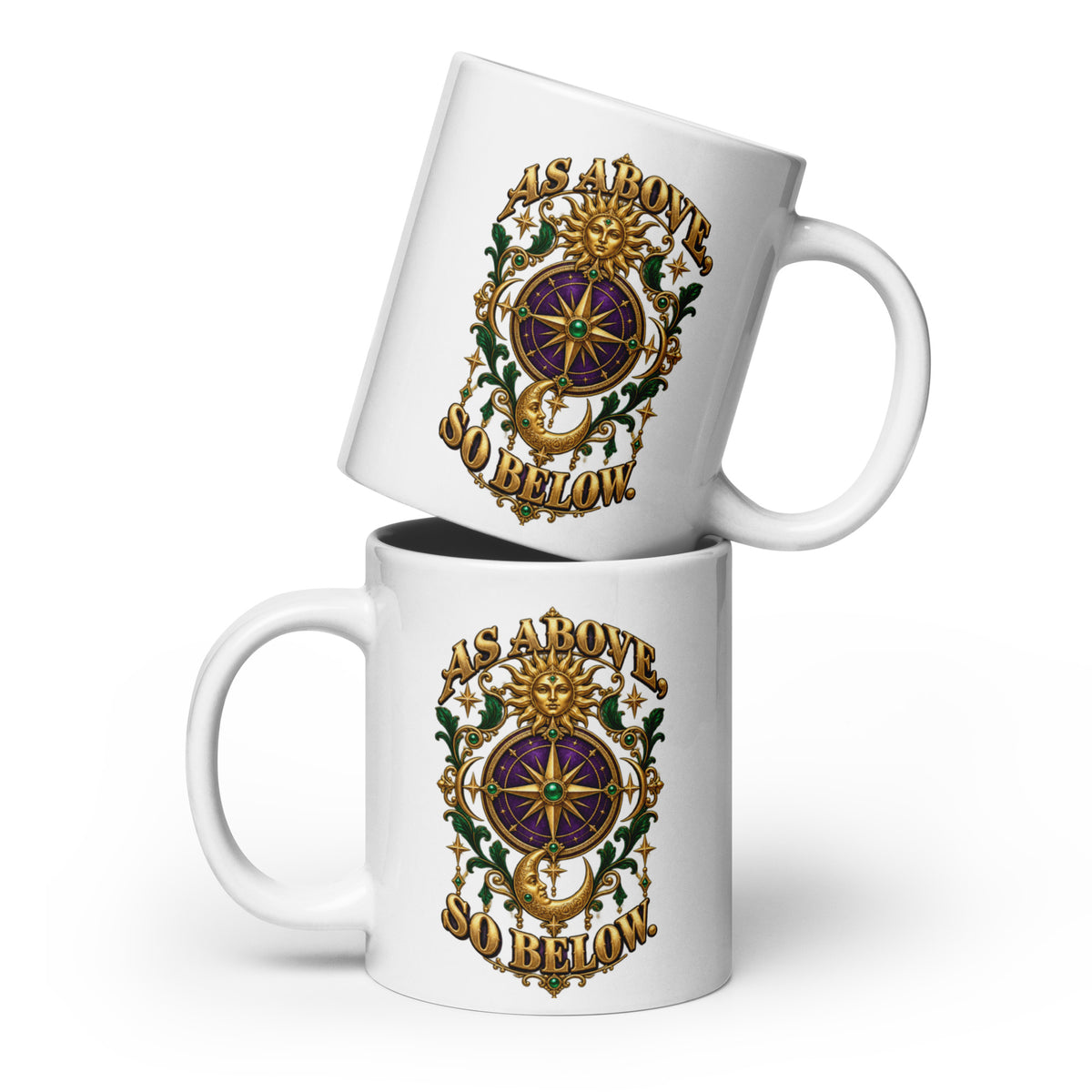 As Above, So Below astrology design, a gold sun face above a purple and gold compass rose with a crescent moon below, framed by emerald foliage, on a 20 oz white glossy mug, front view