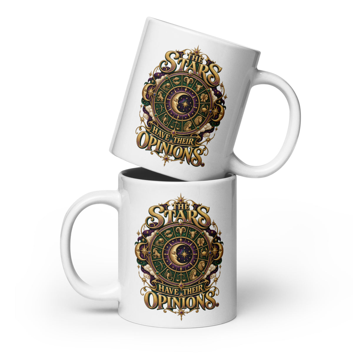 The Stars Have Their Opinions astrology design, a green and purple zodiac wheel of pictorial star signs with a crescent moon and sun face at its center, framed by clouds and gold lettering, on a 20 oz white glossy mug, front view